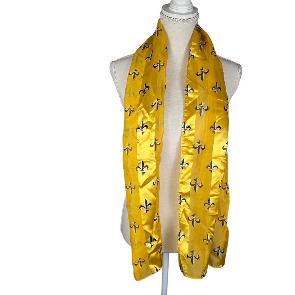 Fluer De Lis Silk Scarf -Yellow & Black -Semi Sheer Stripes -58 Inches Long